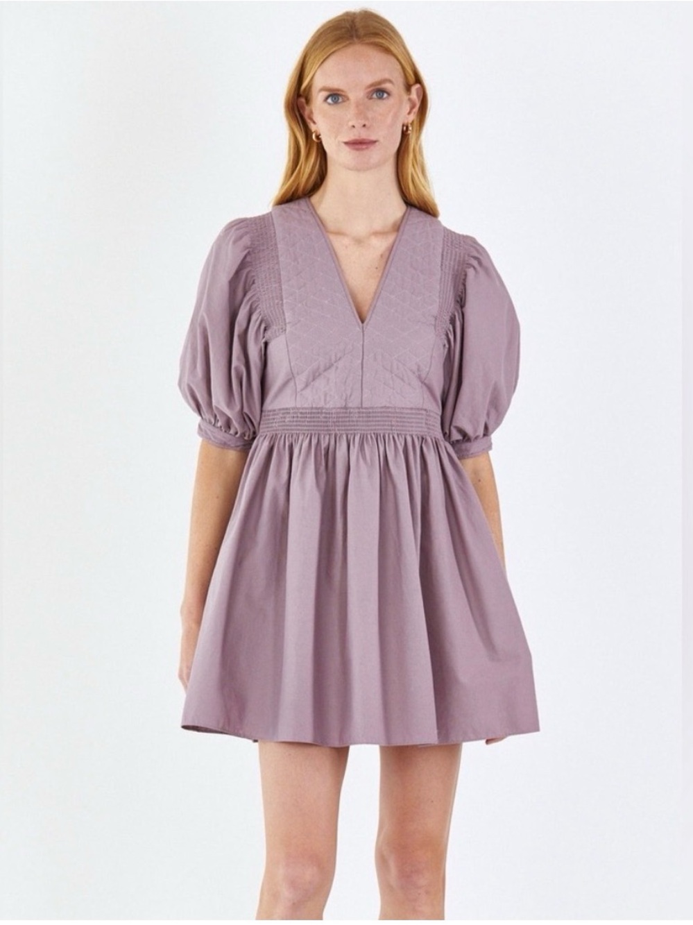 Hunter Bell Dixon Garden Shadow Lavender Puff-Sleeve V-Neck Dress Size Medium
